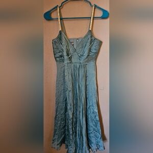 Anne Klein Ruched Wrap Front, 100% Silk, Aqua, Metallic Spaghetti Strap Dress